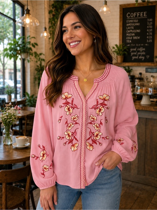 Easel Los Angeles Tops - Embroidered Pink Peasant Blouse with Floral Detail 🌸NEW